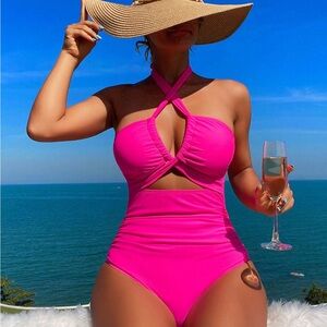 Hot Pink Girls' One-Piece Swimsuit with Twist Front